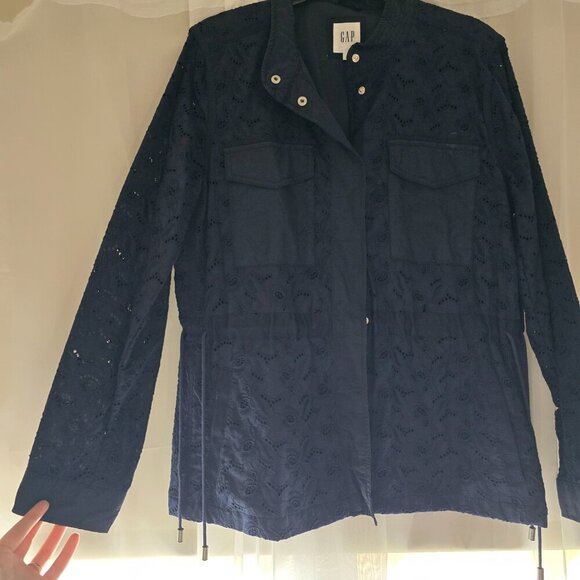 Gap Navy Floral Eyelet Utility lined Navy Jacket Drawstring Waist sz L - Picture 6 of 14